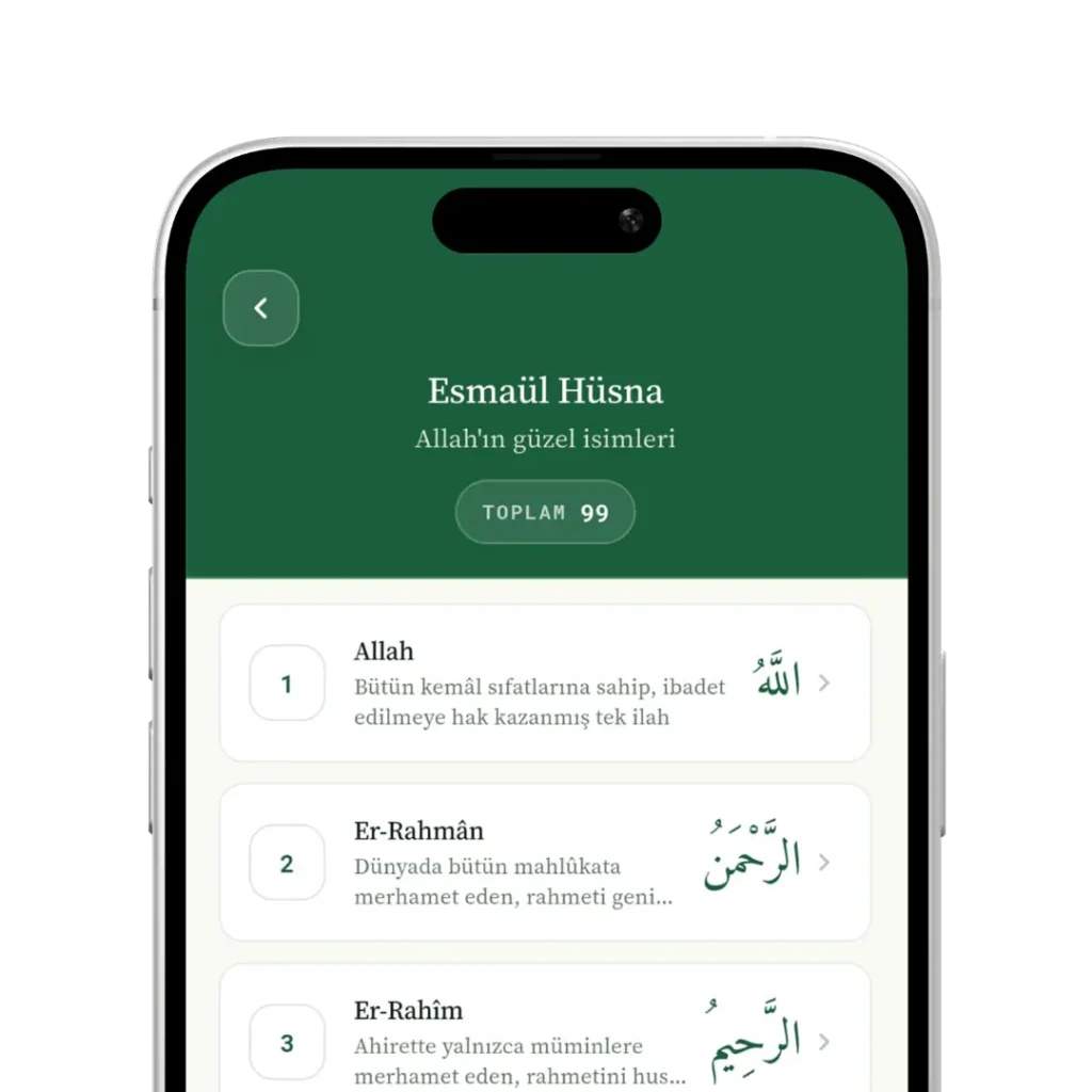 İslam Rehberi uygulaması Esmaül Hüsna ekranı - Allah'ın 99 ismi Arapça ve Türkçe açıklamalarıyla