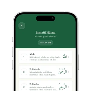İslam Rehberi uygulaması Esmaül Hüsna ekranı - Allah'ın 99 ismi Arapça ve Türkçe açıklamalarıyla
