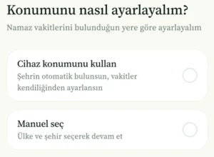 İslam Rehberi uygulaması konum ayarı - otomatik veya manuel şehir seçimi ile namaz vakti kurulumu
