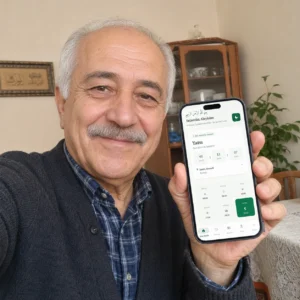 İslam Rehberi uygulaması kullanan yaşlı erkek kullanıcı - namaz vakitleri ekranı