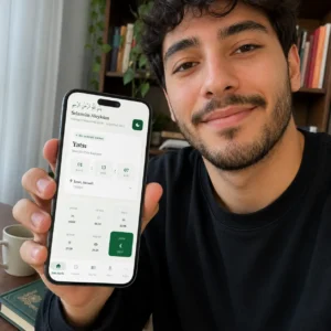 Türkiye’de bir erkek kullanıcı, selfie tarzında çekilmiş doğal bir karede telefon ekranında namaz vakitleri uygulamasını gösteriyor.